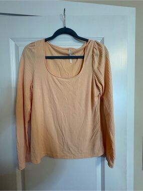 Anthropologie Peach Ribbed Scoop-Neck Long Sleeve Top